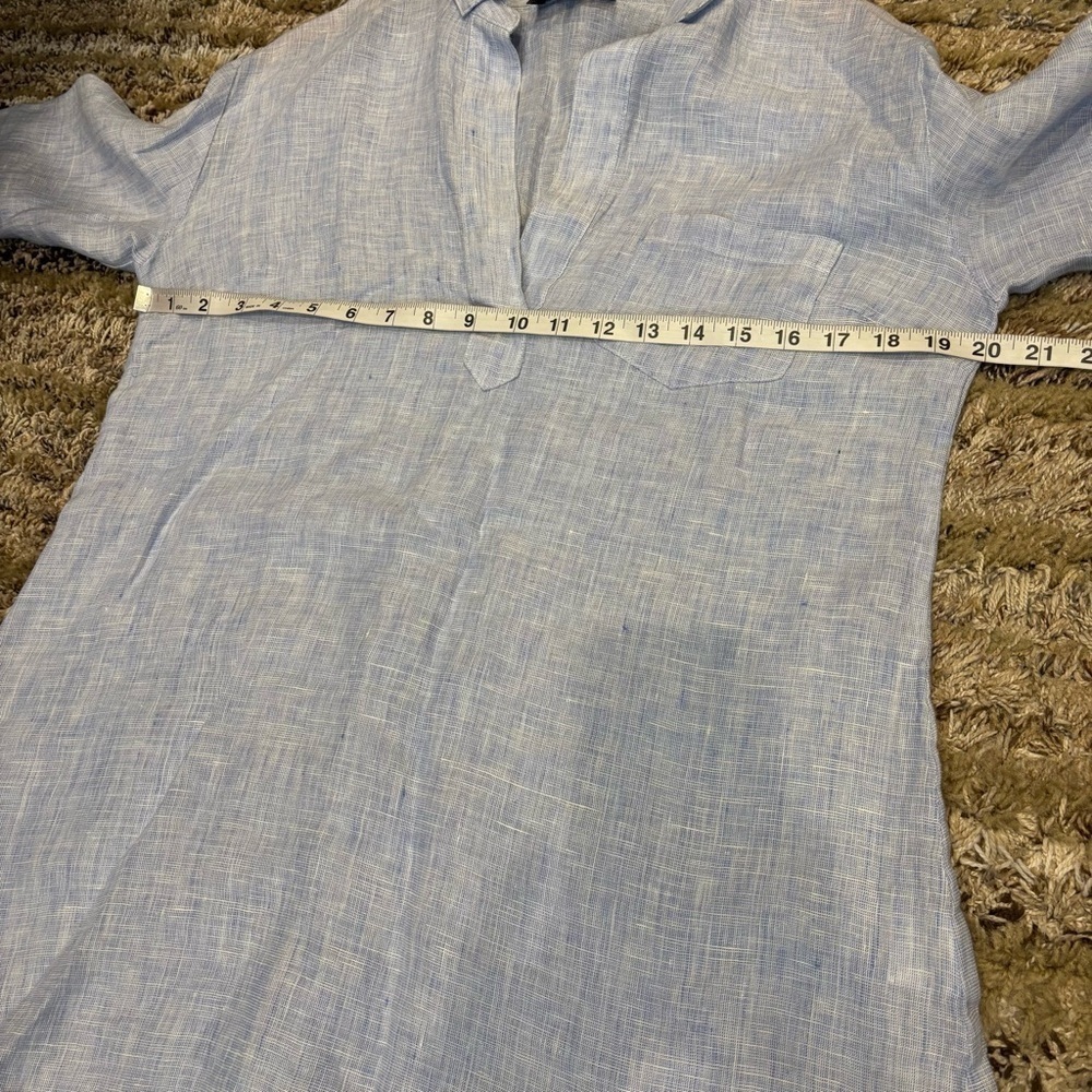French Curve Linen shirt dress Small Tunic Cover up Blue Long Roll Tab Sleeves - Picture 10 of 12